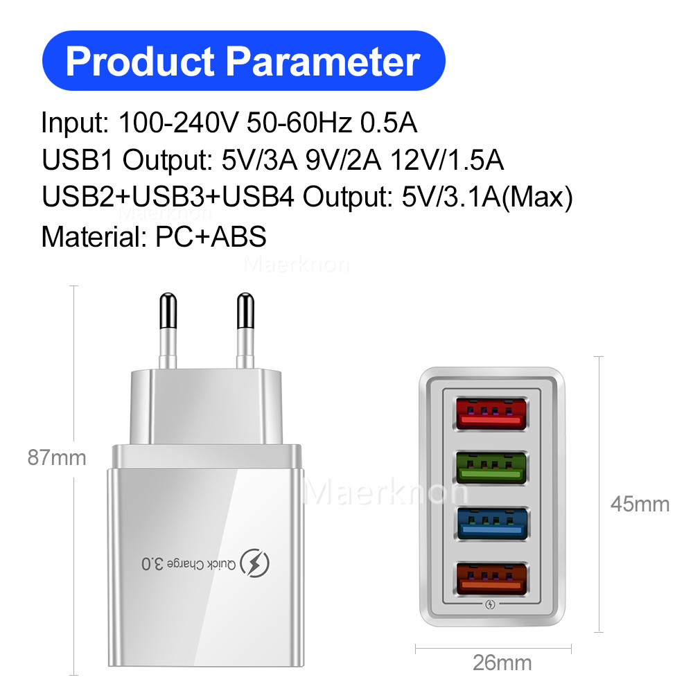 Travel Accessories Inc - 4 USB Fast Charging Head EU/US